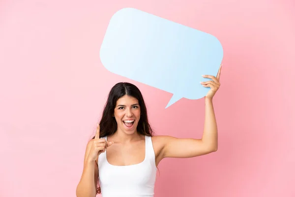 Young Caucasian Woman Isolated Pink Background Holding Empty Speech Bubble — Stock Photo, Image
