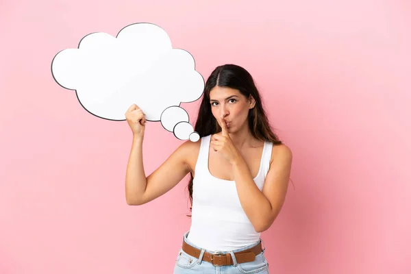 Young Caucasian Woman Isolated Pink Background Holding Thinking Speech Bubble — Stock Photo, Image