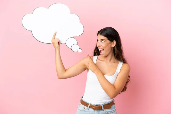 Young Caucasian Woman Isolated Pink Background Holding Thinking Speech Bubble — Stock Photo, Image