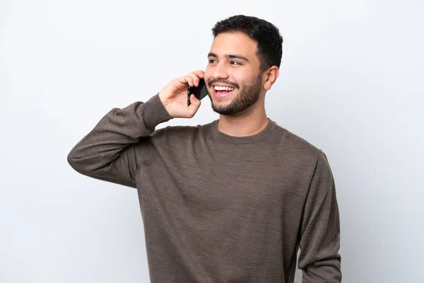 Young Brazilian Man Isolated White Background Keeping Conversation Mobile Phone — Stock Photo, Image