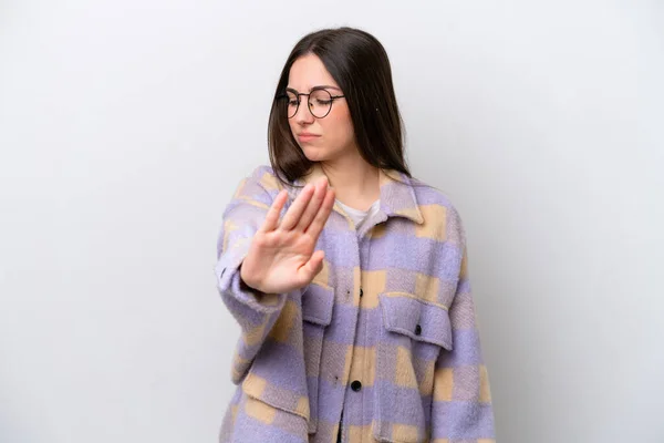 Jong Meisje Geïsoleerd Witte Achtergrond Maken Stop Gebaar Teleurgesteld — Stockfoto