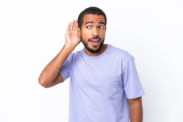 Young Ecuadorian Man Isolated White Background Listening Something Putting Hand — 图库照片