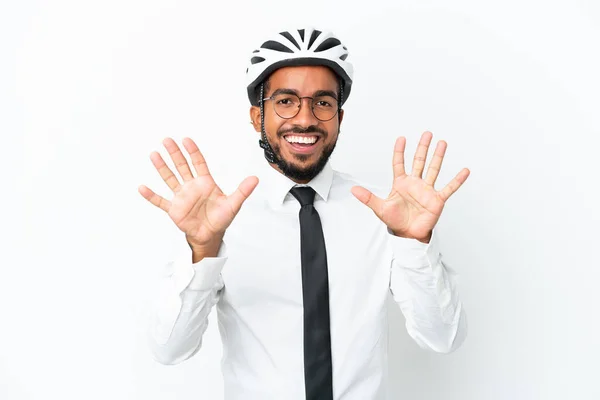 Jeune Homme Affaires Latino Tenant Casque Vélo Isolé Sur Fond — Photo