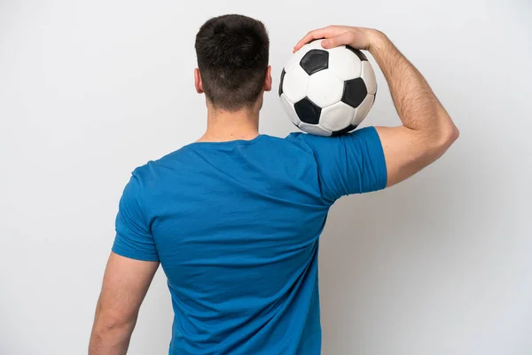 Jonge Blanke Man Geïsoleerd Witte Achtergrond Met Voetbal — Stockfoto