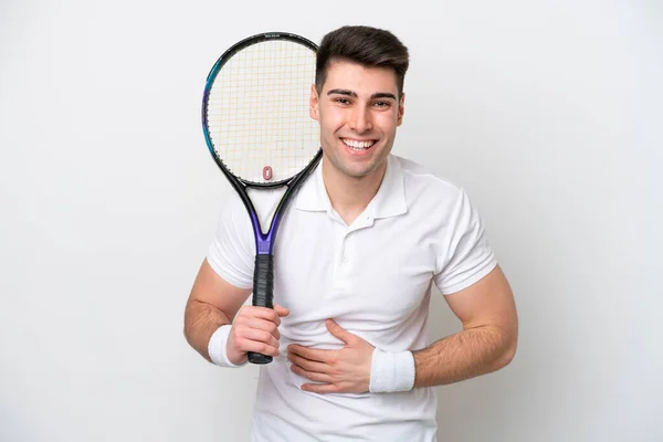 Ung Tennisspelare Man Isolerad Vit Bakgrund Ler Mycket — Stockfoto