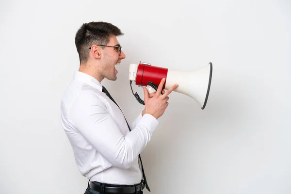Business Caucasian Man Isolated White Background Shouting Megaphone — Stock Photo, Image