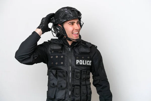 Swat Kaukasischen Mann Isoliert Auf Weißem Hintergrund Hat Etwas Erkannt — Stockfoto