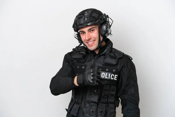 Swat Kaukasischer Mann Isoliert Auf Weißem Hintergrund Der Eine Daumen — Stockfoto