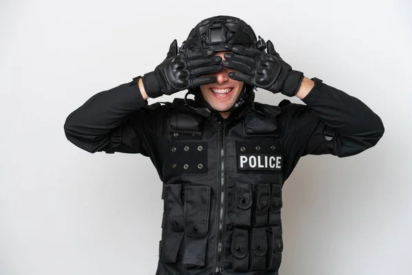 Swat Kacasian Man Isolated White Background Covering Eyes Hands — 图库照片