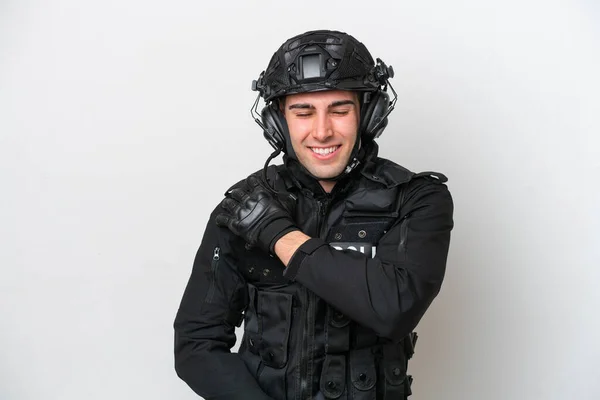 Swat Kaukasischer Mann Auf Weißem Hintergrund Isoliert Leidet Unter Schmerzen — Stockfoto