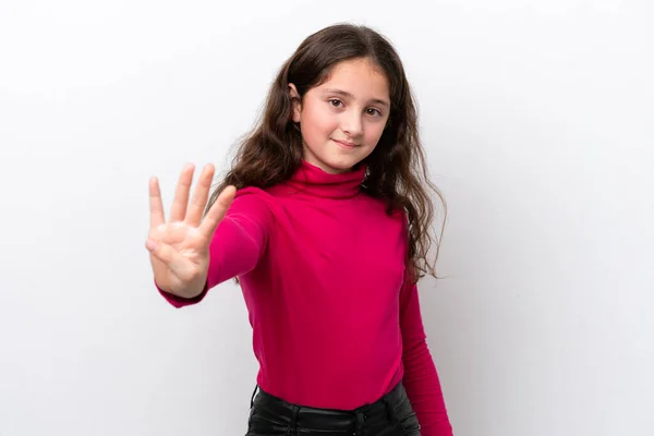 Menina Isolada Fundo Branco Feliz Contando Quatro Com Dedos — Fotografia de Stock
