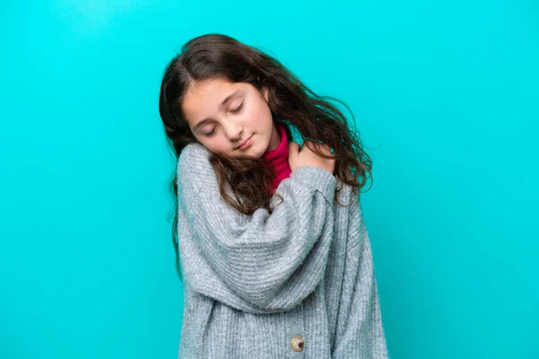 Little Girl Isolated Blue Background Suffering Pain Shoulder Having Made — Stock Photo, Image