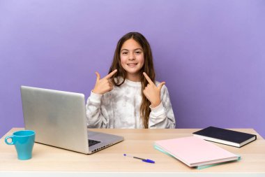 Mor arka planda dizüstü bilgisayarı olan bir iş yerindeki küçük kız başparmak hareketi yapıyor.