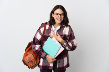 Genç Ukraynalı öğrenci beyaz arka planda izole edilmiş, çok gülümsüyor.