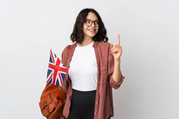Teenager Ukrajinská Dívka Drží Vlajku Spojeného Království Ukazuje Nahoru Skvělý — Stock fotografie