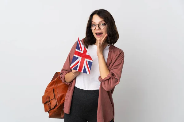 Teenager Ukrajinská Dívka Drží Britskou Vlajku Překvapením Šokovaný Výraz Obličeje — Stock fotografie