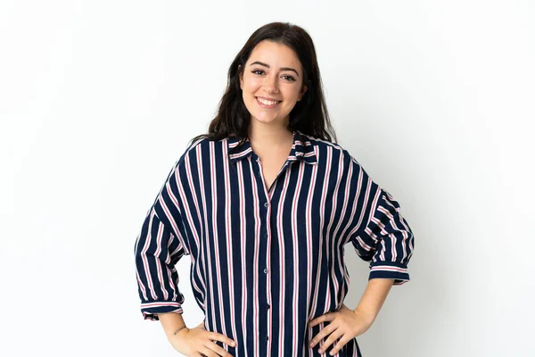 Young Caucasian Woman Isolated Background Laughing — Stock Photo, Image