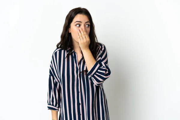 Young Caucasian Woman Isolated Background Doing Surprise Gesture While Looking — Stock Photo, Image