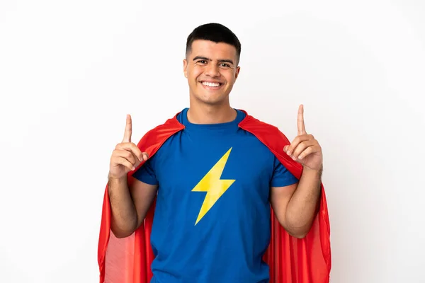 Super Herói Sobre Fundo Branco Isolado Apontando Para Uma Grande — Fotografia de Stock