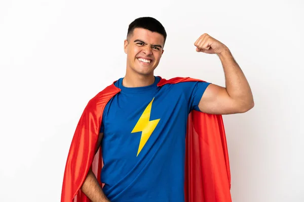 Супергерой Над Ізольованим Білим Фоном Робить Сильний Жест — стокове фото