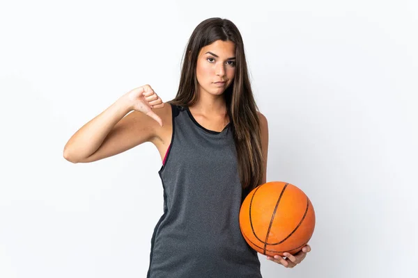 Jong Braziliaans Vrouw Spelen Basketbal Geïsoleerd Witte Achtergrond Tonen Duim — Stockfoto