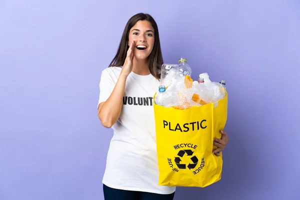 Young Brazilian Woman Holding Bag Full Plastic Bottles Recycle Isolated — Stock Photo, Image