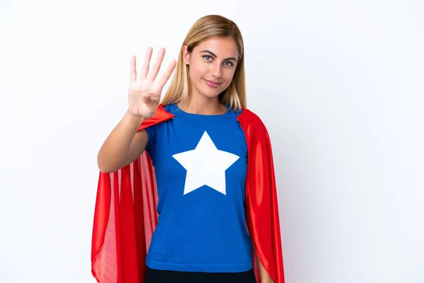 Super Hjälte Kaukasiska Kvinna Isolerad Bakgrund Glad Och Räkna Fyra — Stockfoto
