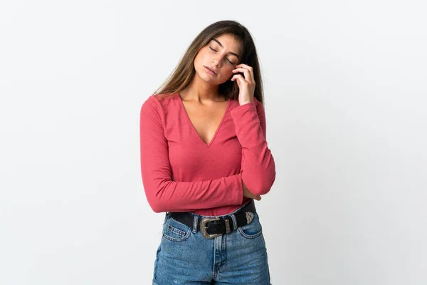 Jeune Femme Caucasienne Isolée Sur Fond Blanc Avec Mal Tête — Photo