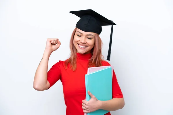 Giovane Studentessa Ragazza Russa Isolata Sfondo Bianco Che Celebra Una — Foto Stock