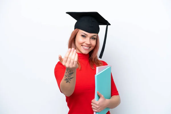 Jovem Estudante Russo Menina Isolada Fundo Branco Convidando Para Vir — Fotografia de Stock