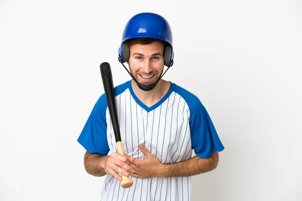 Young Caucasian Man Playing Baseball Isolated White Background Smiling Lot — Stock Photo, Image