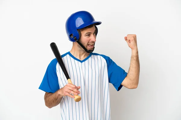 Jeune Homme Caucasien Jouant Baseball Isolé Sur Fond Blanc Célébrant — Photo