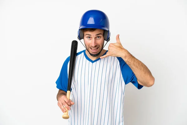Young Caucasian Man Playing Baseball Isolated White Background Making Phone — Stock Photo, Image