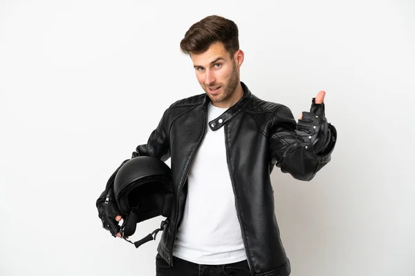 Jeune Homme Caucasien Avec Casque Moto Isolé Sur Fond Blanc — Photo