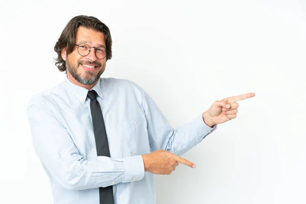 Senior Dutch Business Man Isolated White Background Pointing Finger Side — Stock Photo, Image
