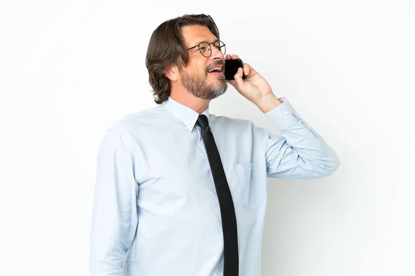 Senior Nederlandse Zakenman Geïsoleerd Witte Achtergrond Houden Van Een Gesprek — Stockfoto