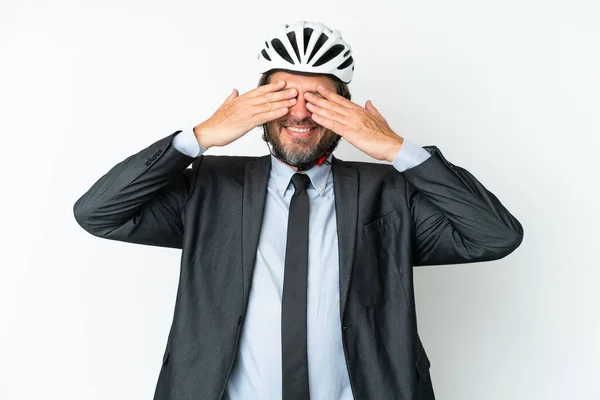 Geschäftsmann Mit Fahrradhelm Auf Weißem Hintergrund Der Die Augen Mit — Stockfoto