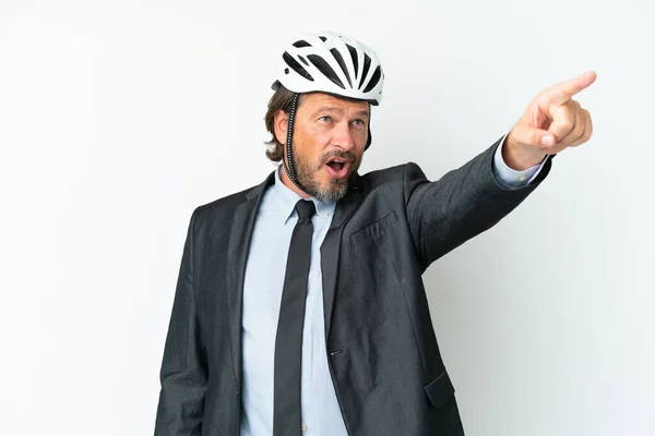 Business Senior Man Bike Helmet Isolated White Background Pointing Away — Stock Photo, Image