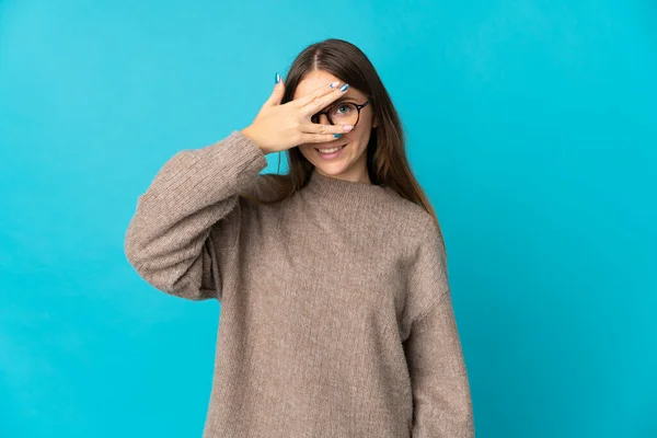 Young Lithuanian Woman Isolated Blue Background Covering Eyes Hands Smiling — Stock Photo, Image