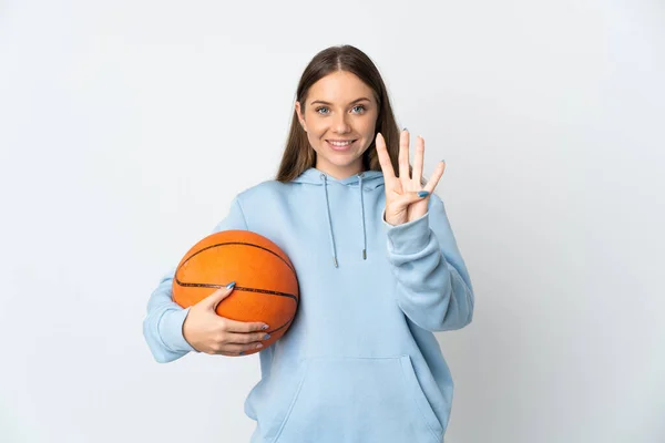 Giovane Donna Lituana Che Gioca Basket Isolato Sfondo Bianco Felice — Foto Stock