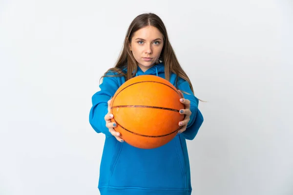 Mladý Litevský Žena Izolovaný Bílý Pozadí Hrát Basketbal — Stock fotografie