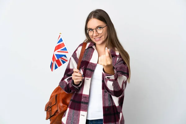 Young Lithuanian Woman Holding United Kingdom Flag Isolated White Background — Stock Photo, Image
