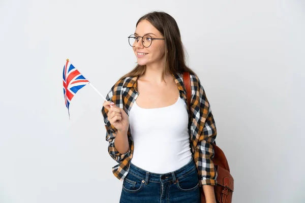 Jovem Lituana Segurando Uma Bandeira Reino Unido Isolada Fundo Branco — Fotografia de Stock