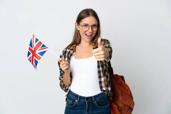 Birleşik Krallık Bayrağını Tutan Genç Litvanyalı Kadın Beyaz Arka Planda — Stok fotoğraf