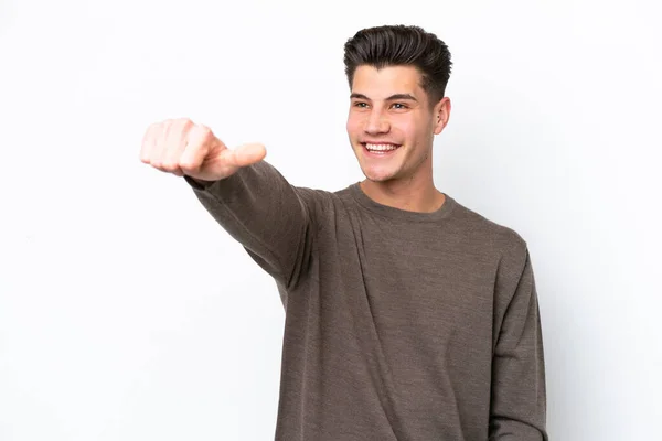 Jovem Bonito Caucasiano Homem Isolado Branco Bakcground Dando Polegares Até — Fotografia de Stock