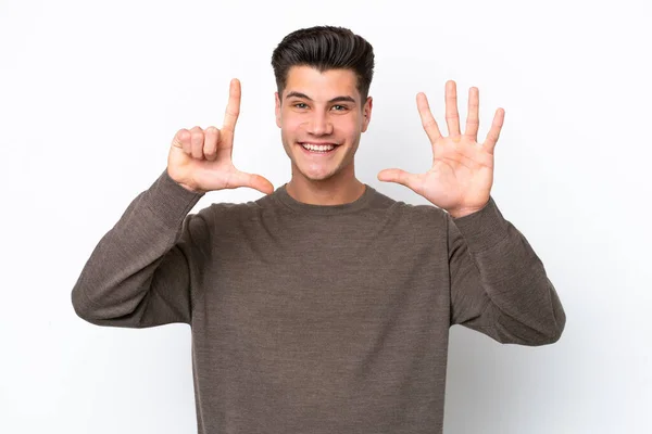 Jonge Knappe Blanke Man Geïsoleerd Witte Bakcground Tellen Zeven Met — Stockfoto