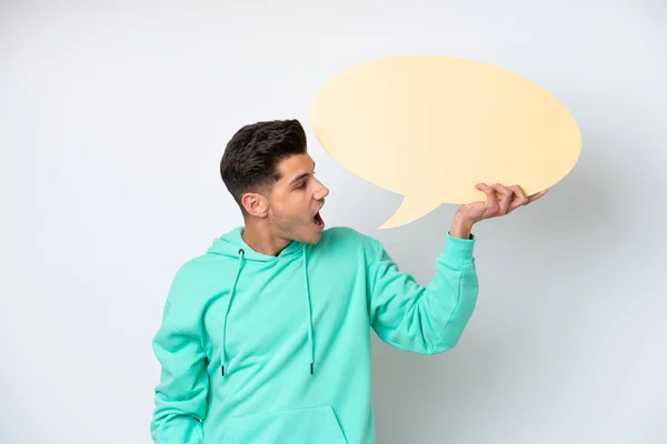 Young Handsome Caucasian Man Isolated White Bakcground Holding Empty Speech — Stock Photo, Image