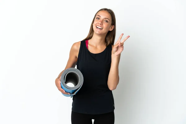 Sport Woman Going Yoga Classes While Holding Mat Isolated White — Stock Photo, Image