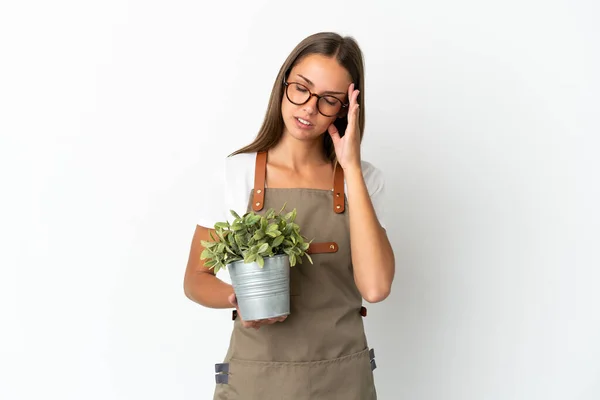 Tuinier Meisje Met Een Plant Geïsoleerde Witte Achtergrond Met Hoofdpijn — Stockfoto