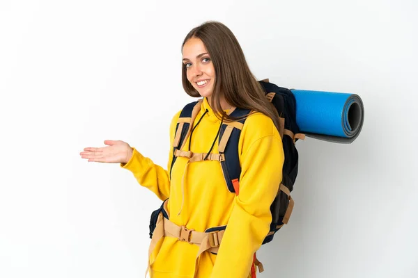 Mujer Joven Montañista Con Una Gran Mochila Sobre Fondo Blanco —  Fotos de Stock